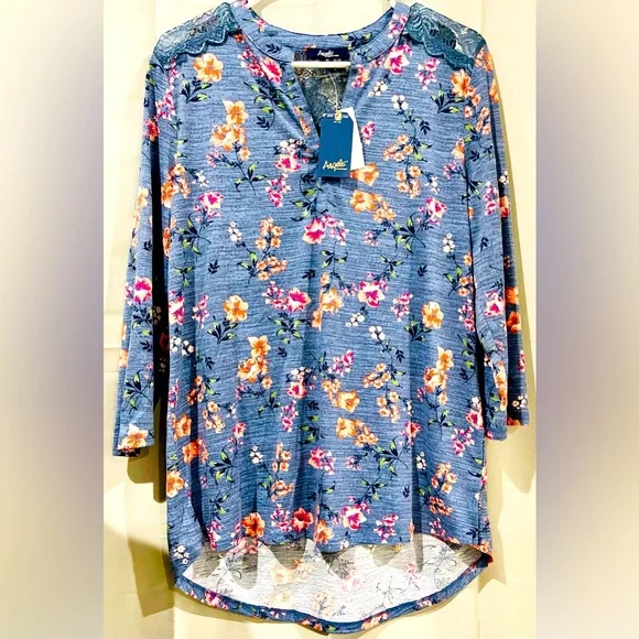 Women’s “Angels Forever Young” Blue Floral Convertible Long Sleeve Blouse - Picture 1 of 10